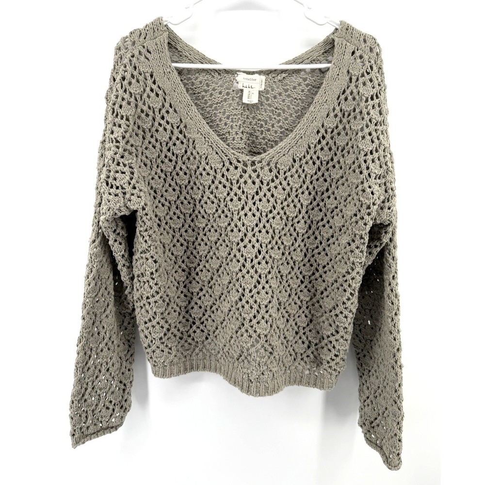Nicole Miller Artelier Sweater Open Knit Crochet Vneck Cropped Pullover Beach Lg